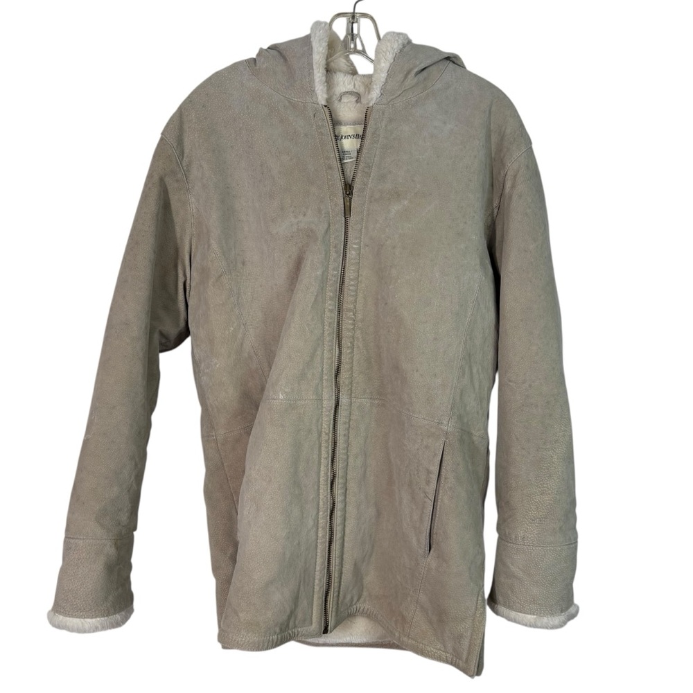 St. Johns Bay Genuine Leather Ivory White Full Zip Faux Fur Lined Coat Small S